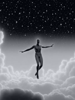 Figure floating above clouds under a starry sky